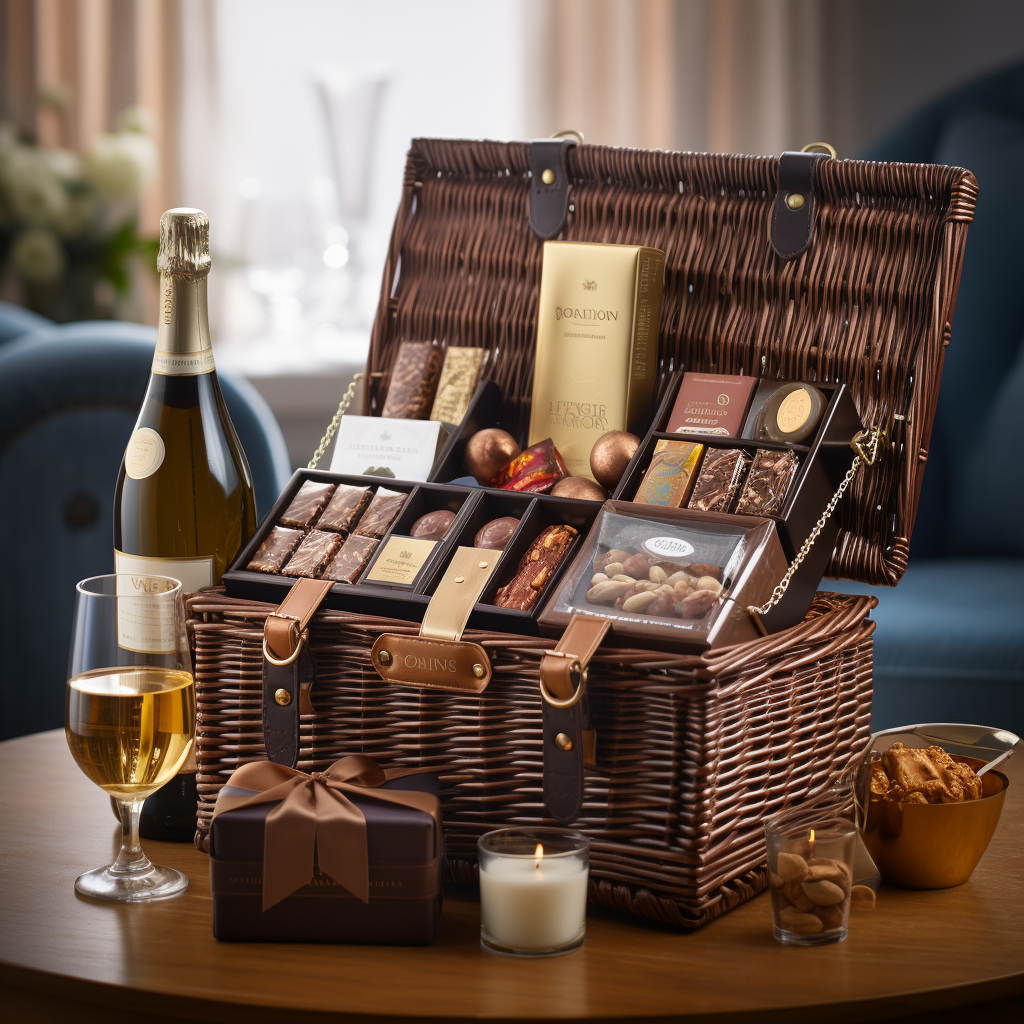 Wicker hamper basket filled with chocolate